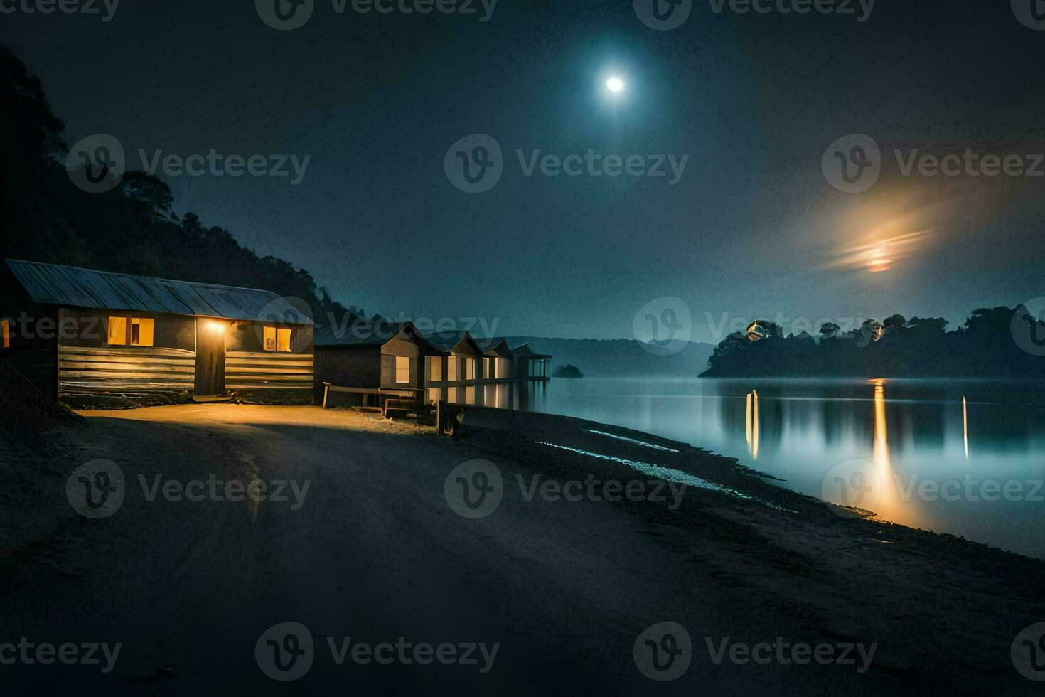 un cabina en el apuntalar de un lago a noche. generado por ai foto