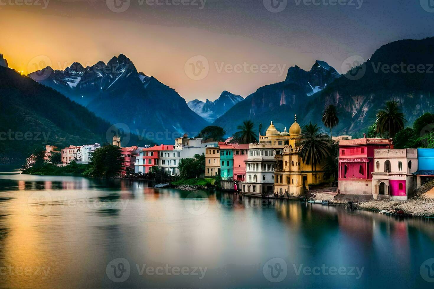 colorful houses on the banks of a river at sunset. AI-Generated photo