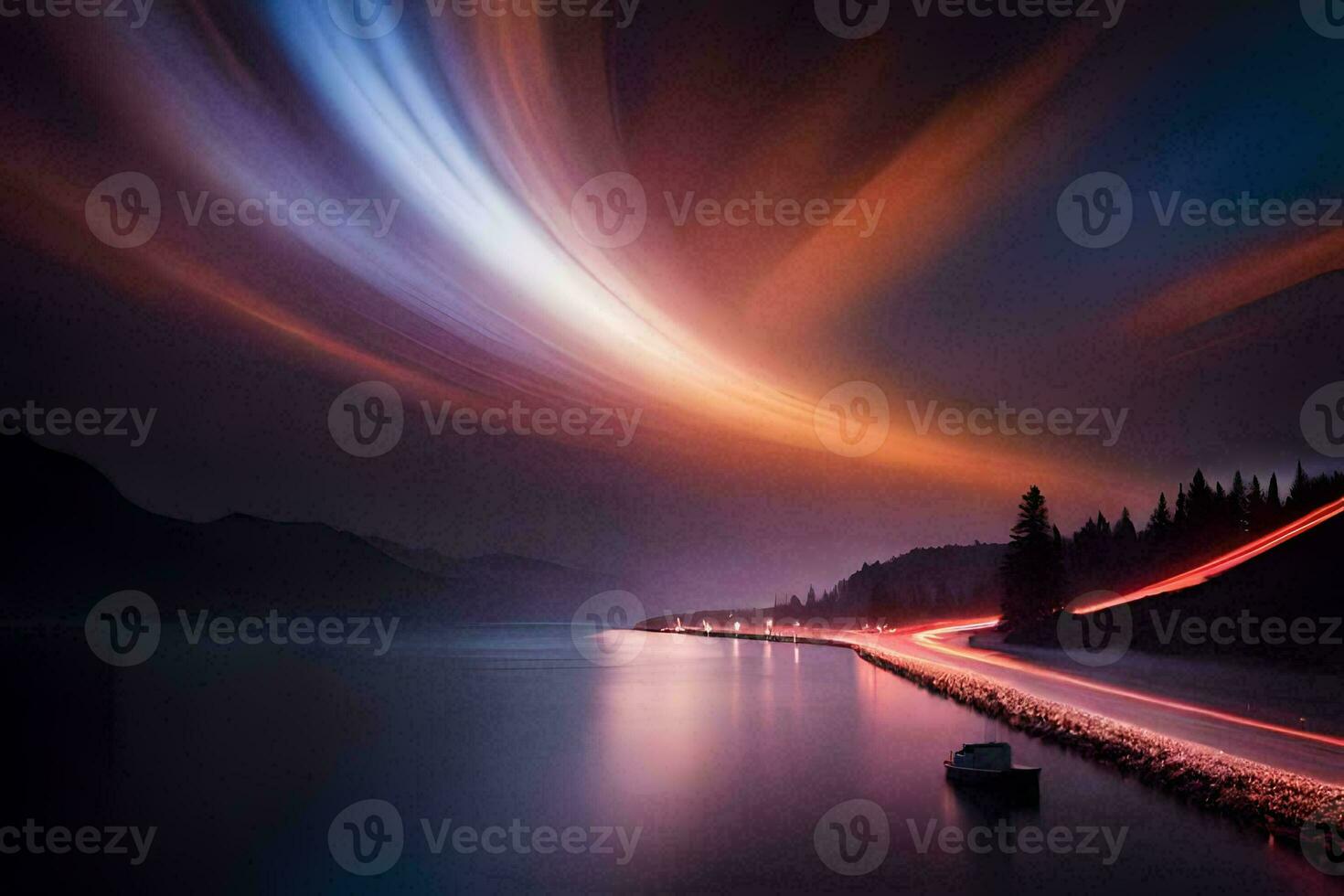 a long exposure photograph of a car driving along a road at night. AI-Generated photo
