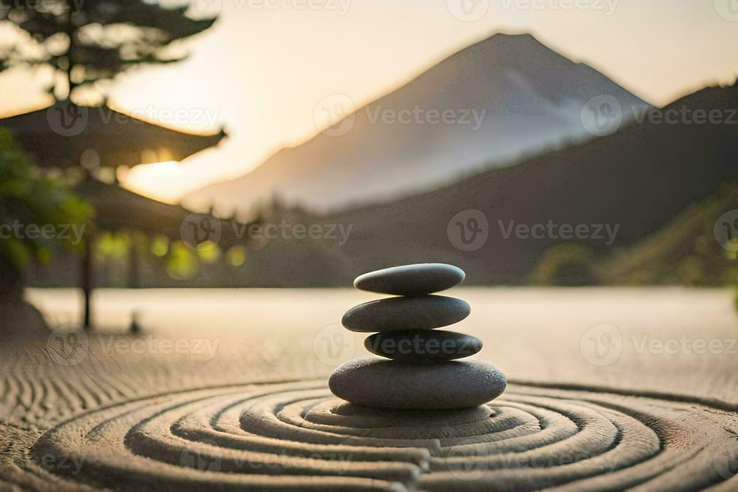 a zen garden with stones and a mountain in the background. AI-Generated photo