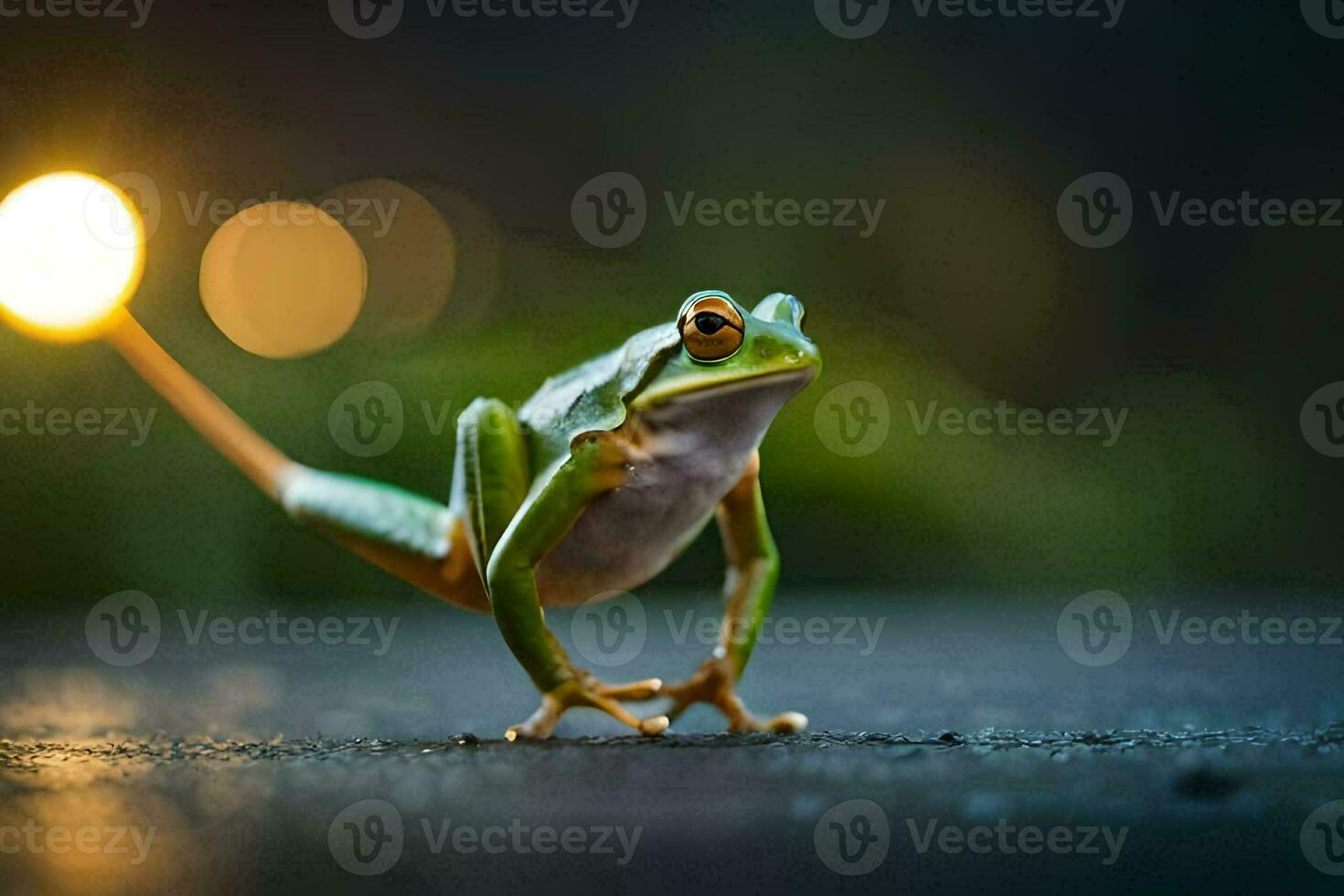 a frog is standing on its hind legs with its tail up. AI-Generated photo