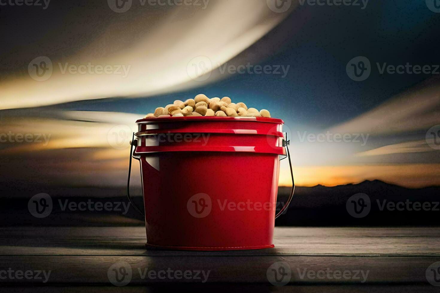 a red bucket filled with peanuts on a wooden table. AI-Generated photo