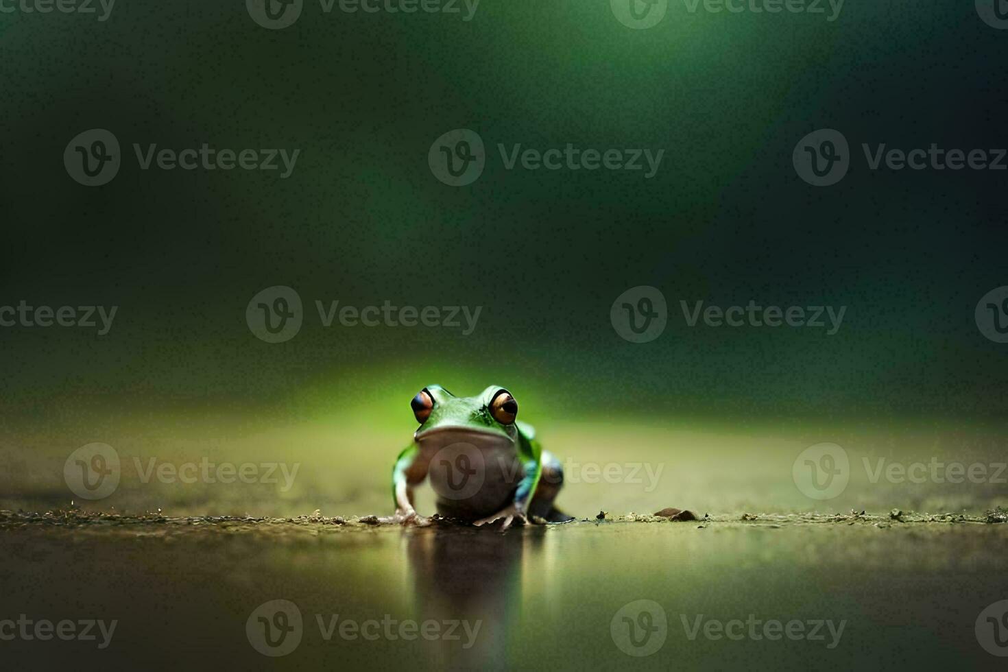 a frog sitting on the ground in front of a green background. AI-Generated photo