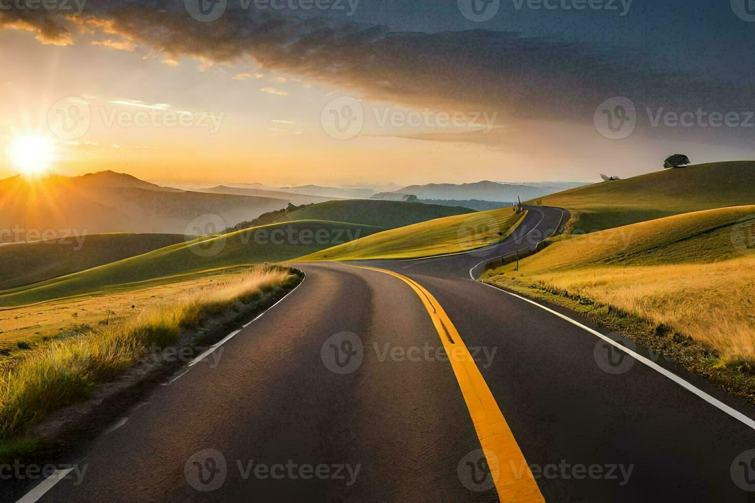 a road with a sunset in the distance. AI-Generated photo