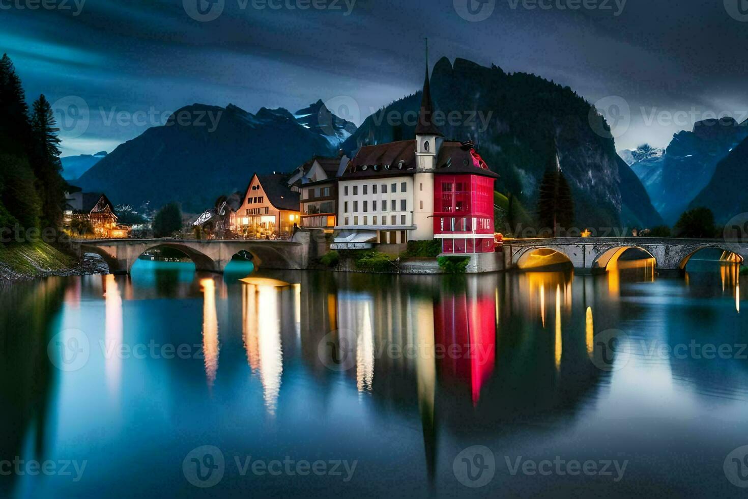 a red house and bridge in the middle of a lake. AI-Generated photo