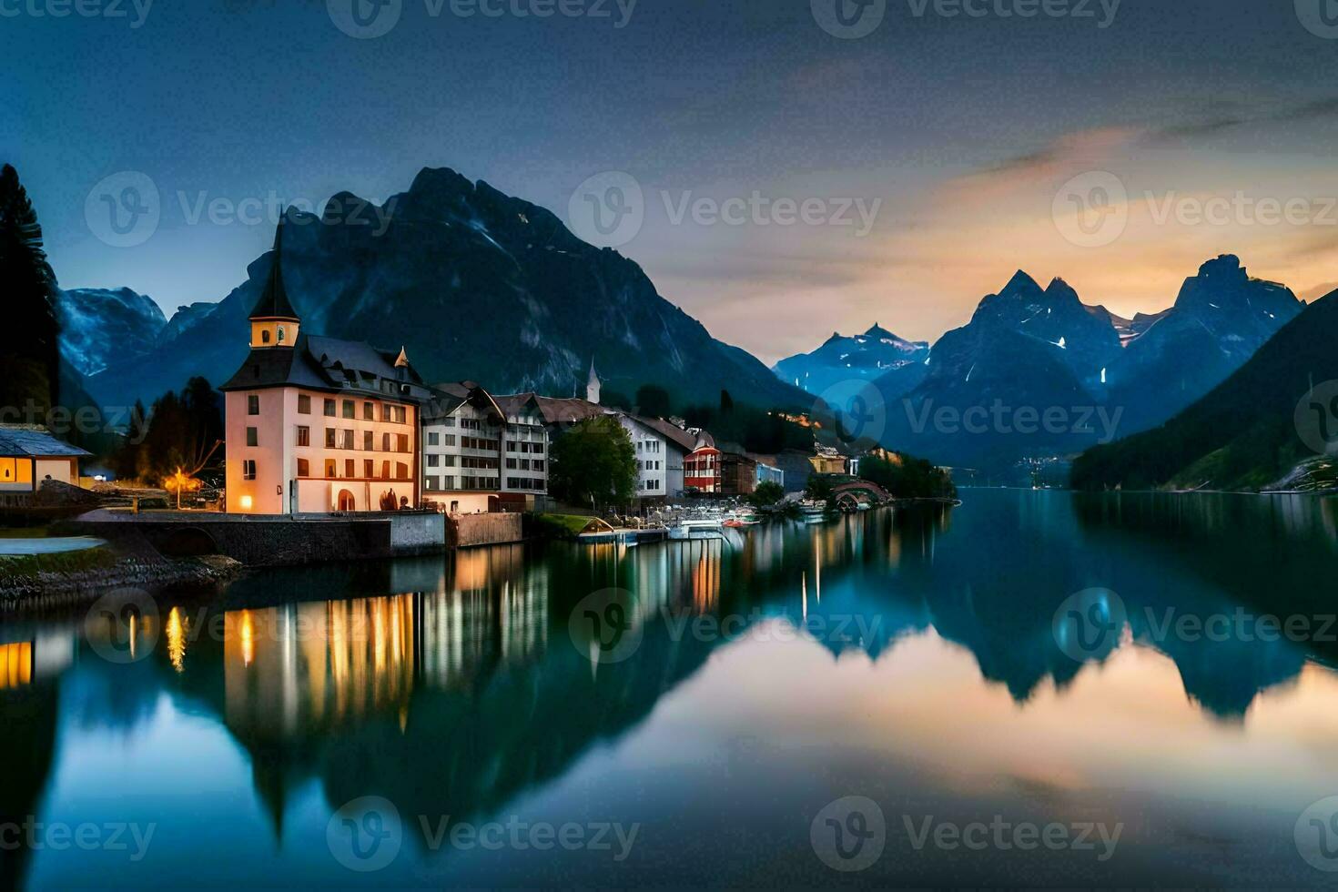 un pueblo y montañas son reflejado en el agua. generado por ai foto