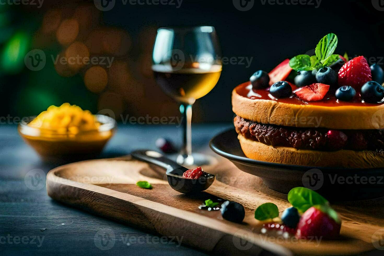 a cake with berries and a glass of wine. AI-Generated photo