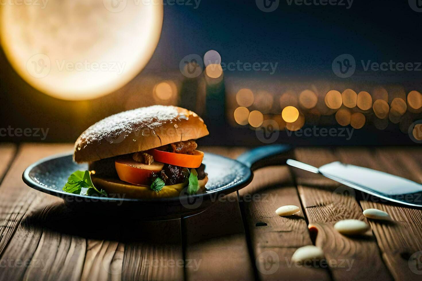 a burger with meat and vegetables on a plate. AI-Generated photo