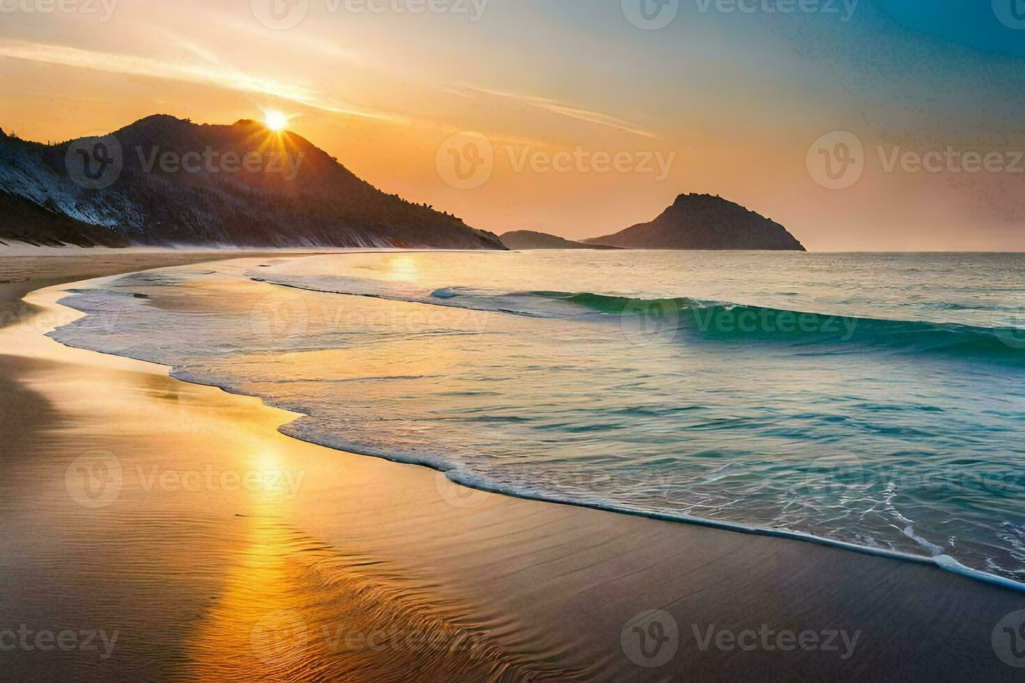 the sun rises over the ocean and the waves on the beach. AI-Generated photo