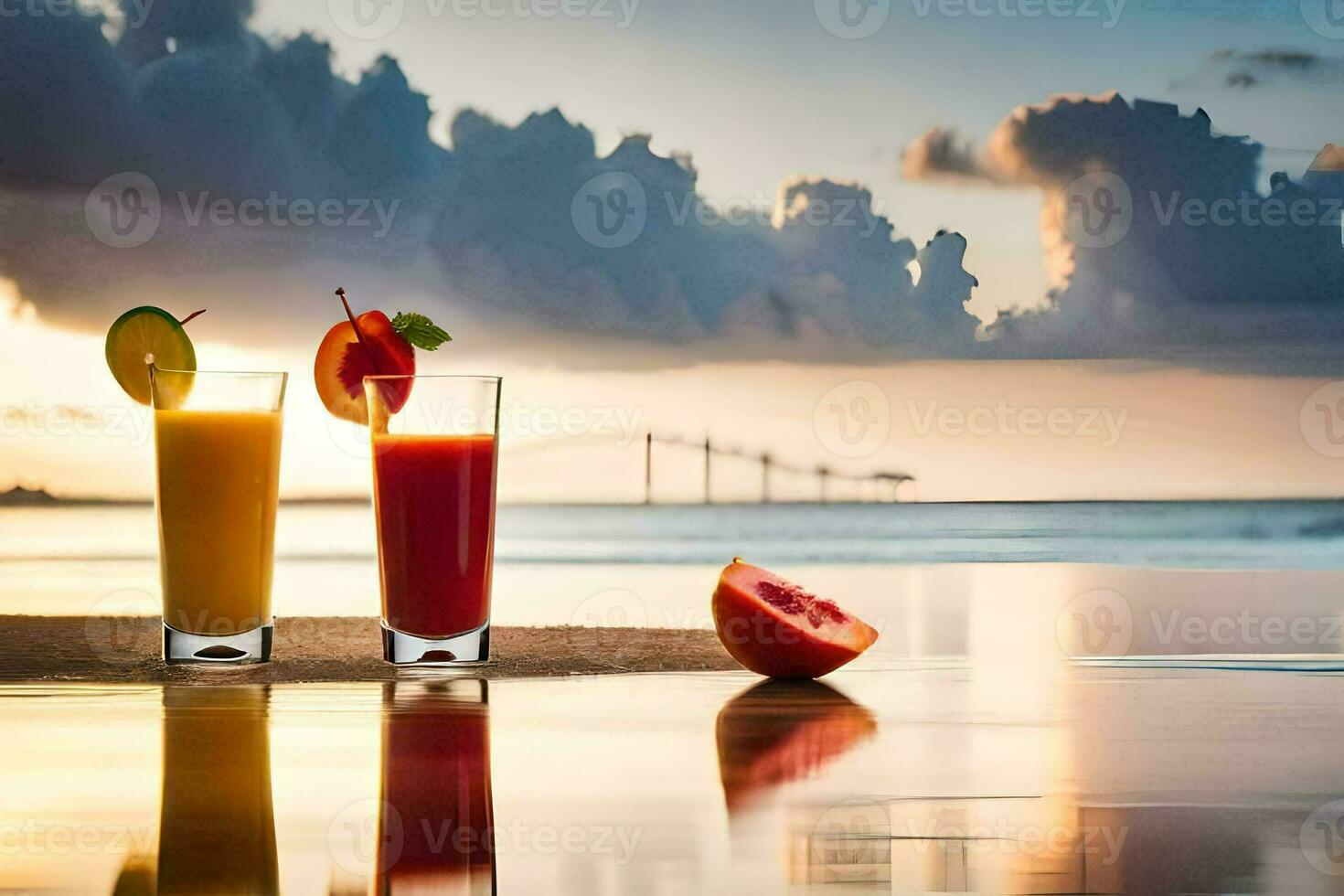 dos lentes de jugo en el playa con un puesta de sol. generado por ai foto