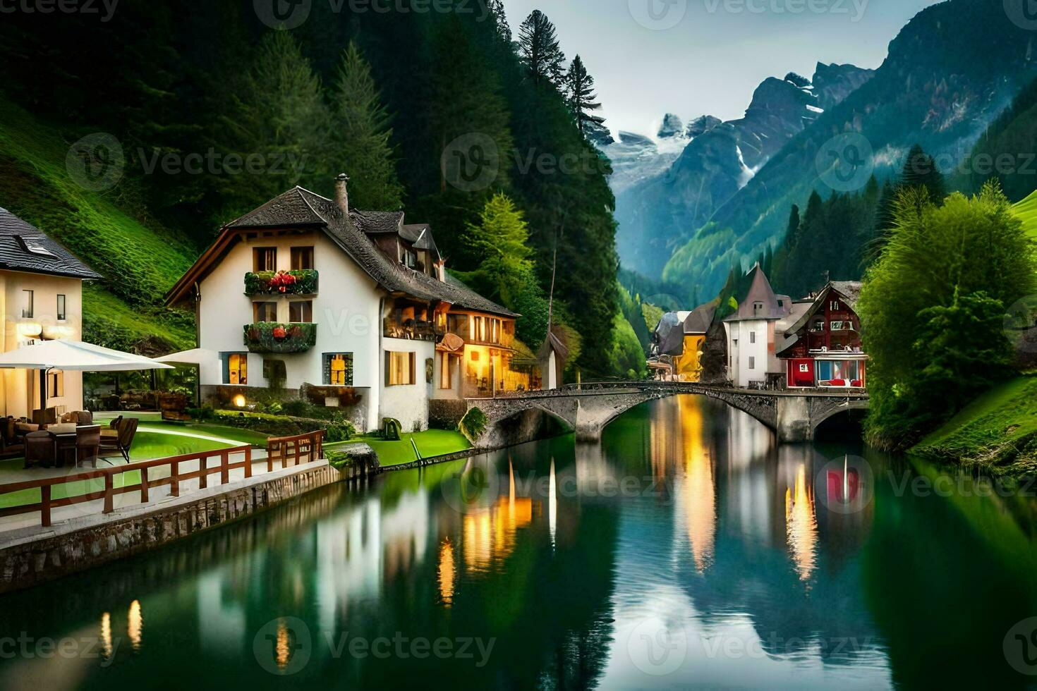 a river runs through a village in the mountains. AI-Generated photo