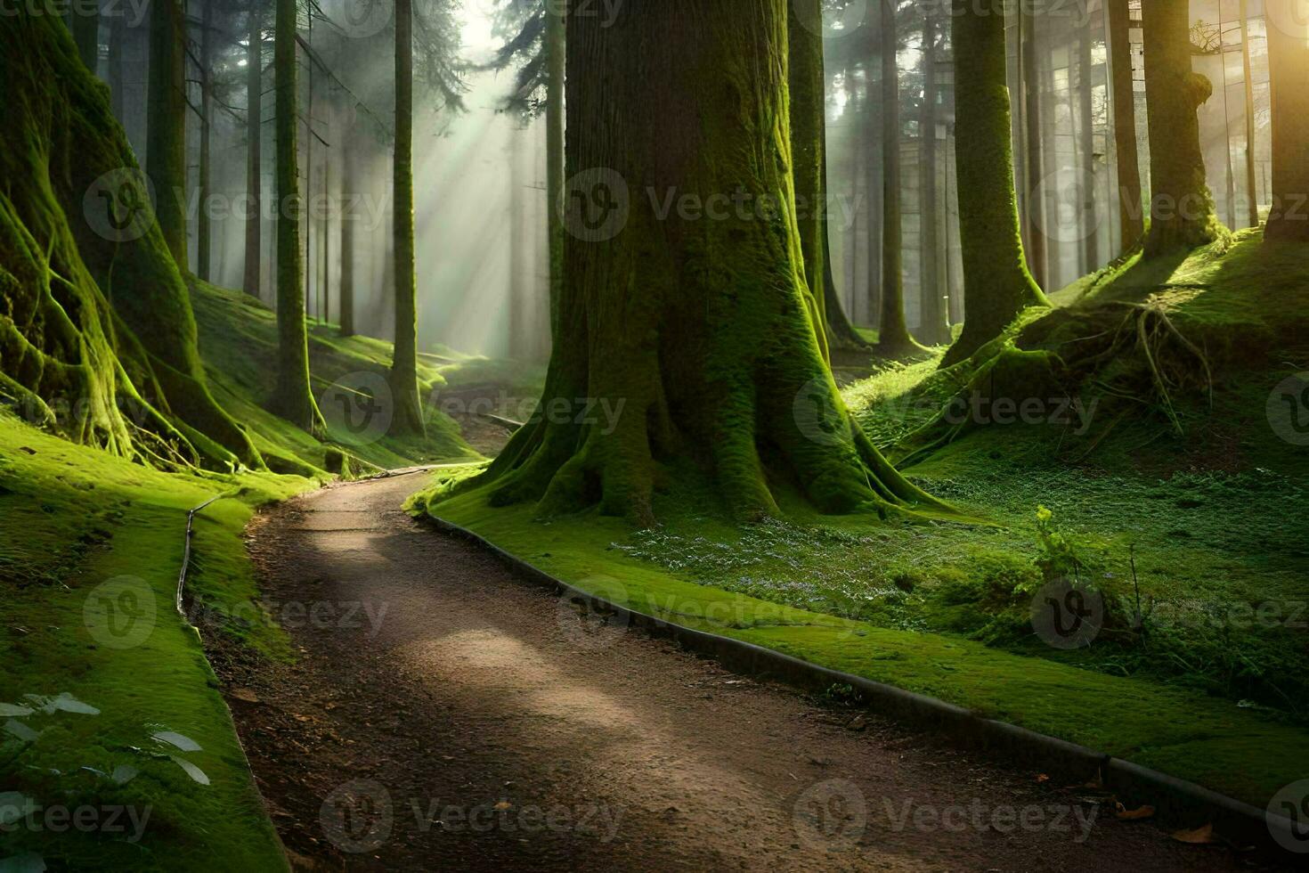 a path through a forest with mossy trees. AI-Generated photo