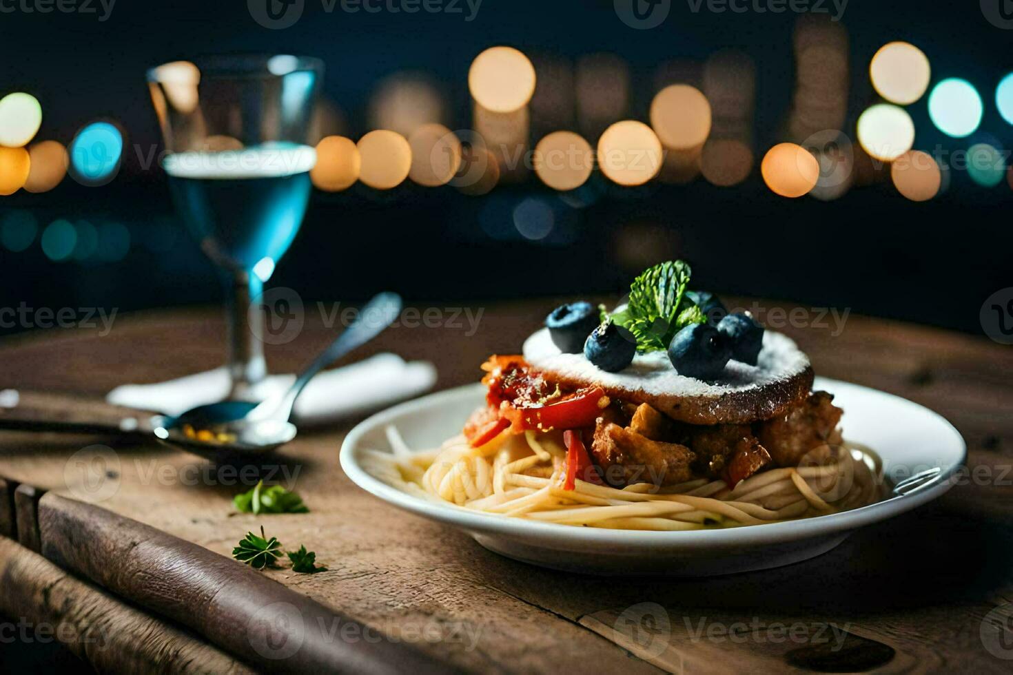 spaghetti with blueberries and cream on a plate. AI-Generated photo