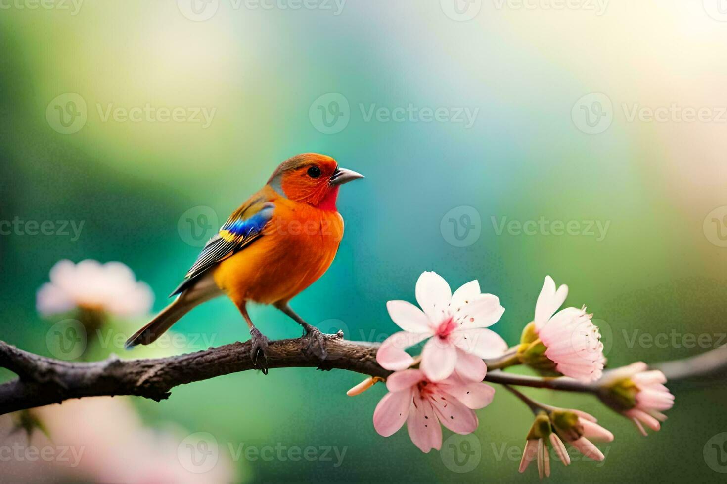 a colorful bird sits on a branch with pink flowers. AI-Generated photo