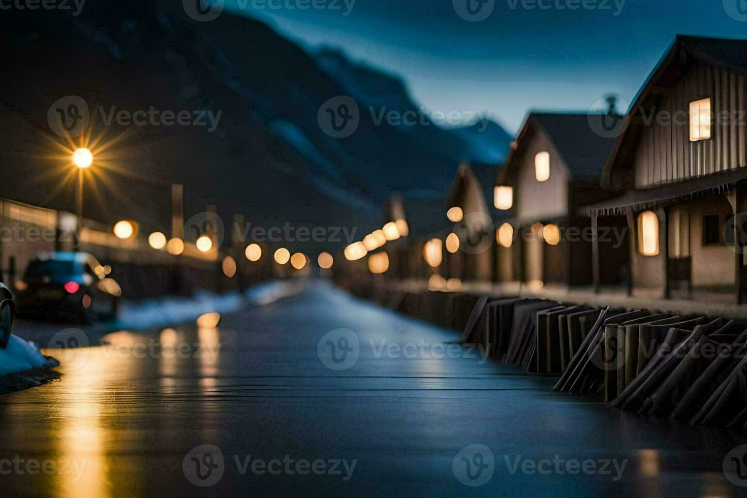 a long row of houses at night with lights on. AI-Generated photo
