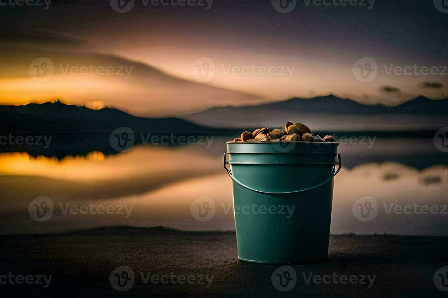 a bucket of nuts on the shore of a lake at sunset. AI-Generated photo