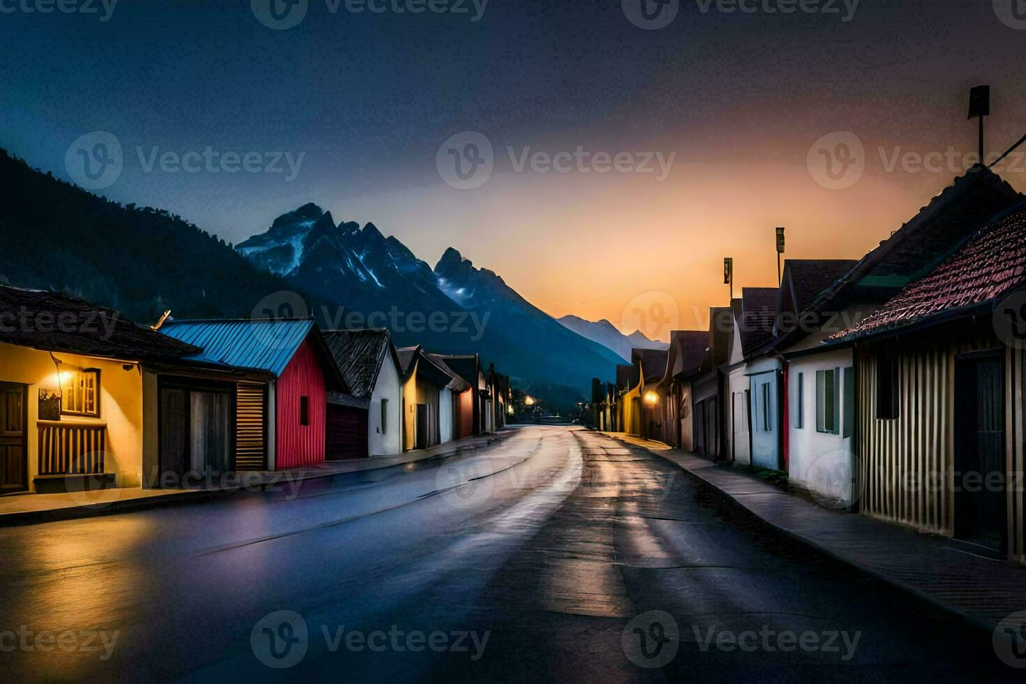 a street in the mountains at dusk. AI-Generated photo