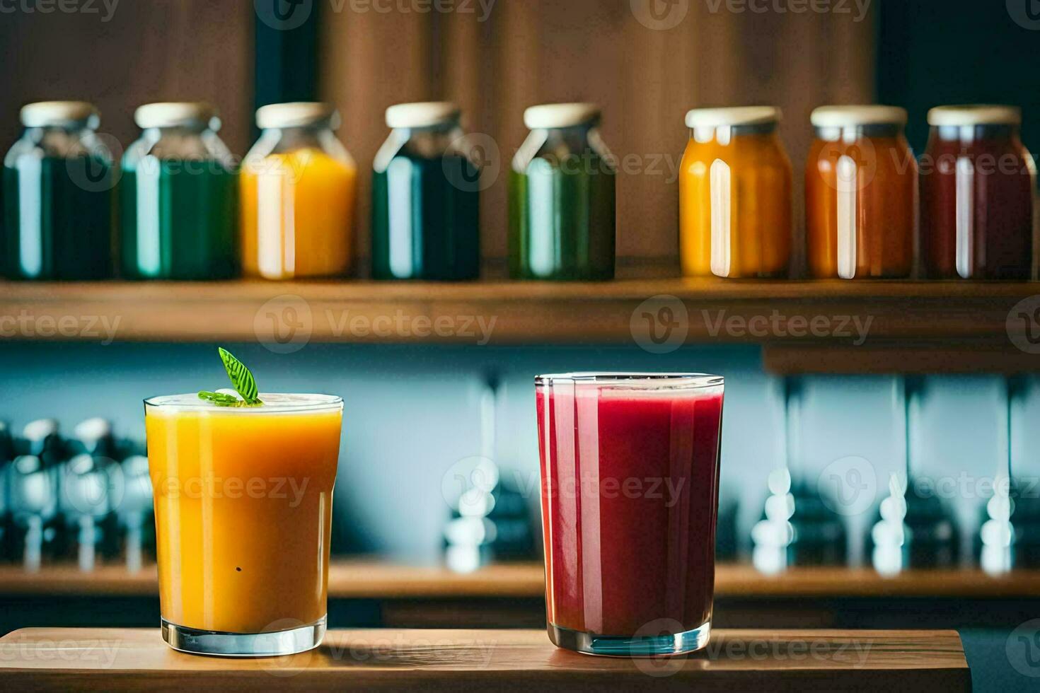 two glasses of juice on a wooden table. AI-Generated photo