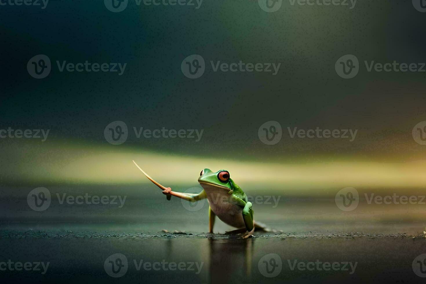 a frog with a stick in its mouth. AI-Generated photo