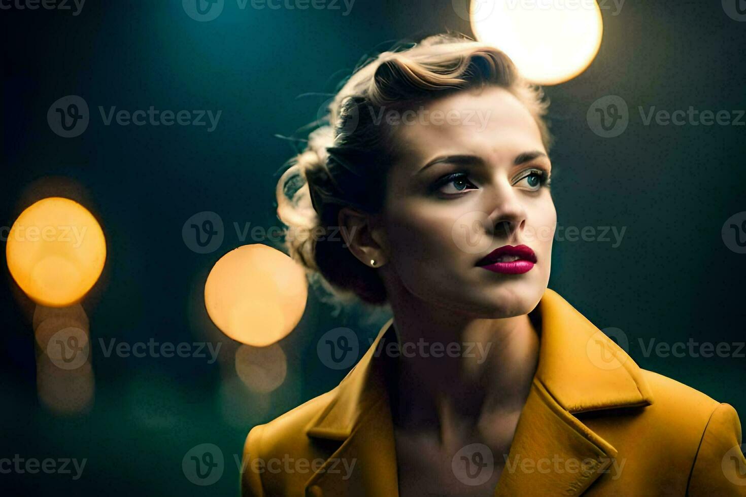 a woman in a yellow coat and red lipstick. AI-Generated photo
