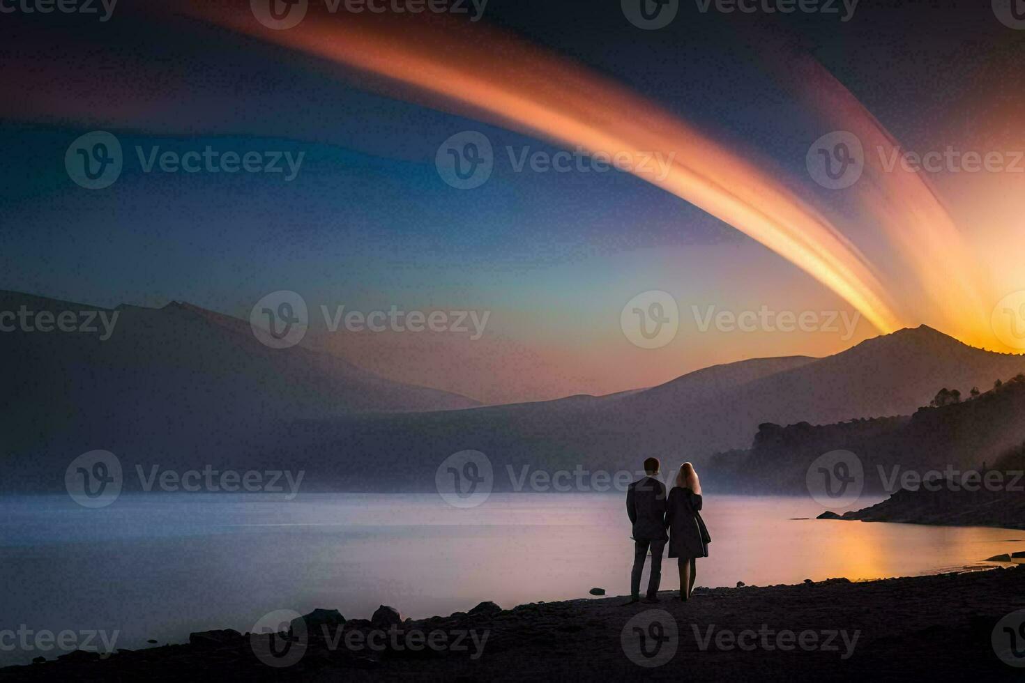 a couple standing on the shore of a lake at sunset. AI-Generated photo