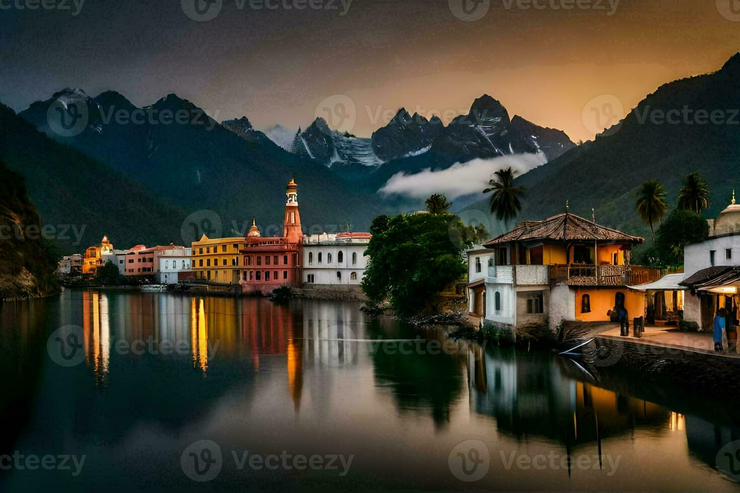 un río en frente de un montaña con casas generado por ai foto