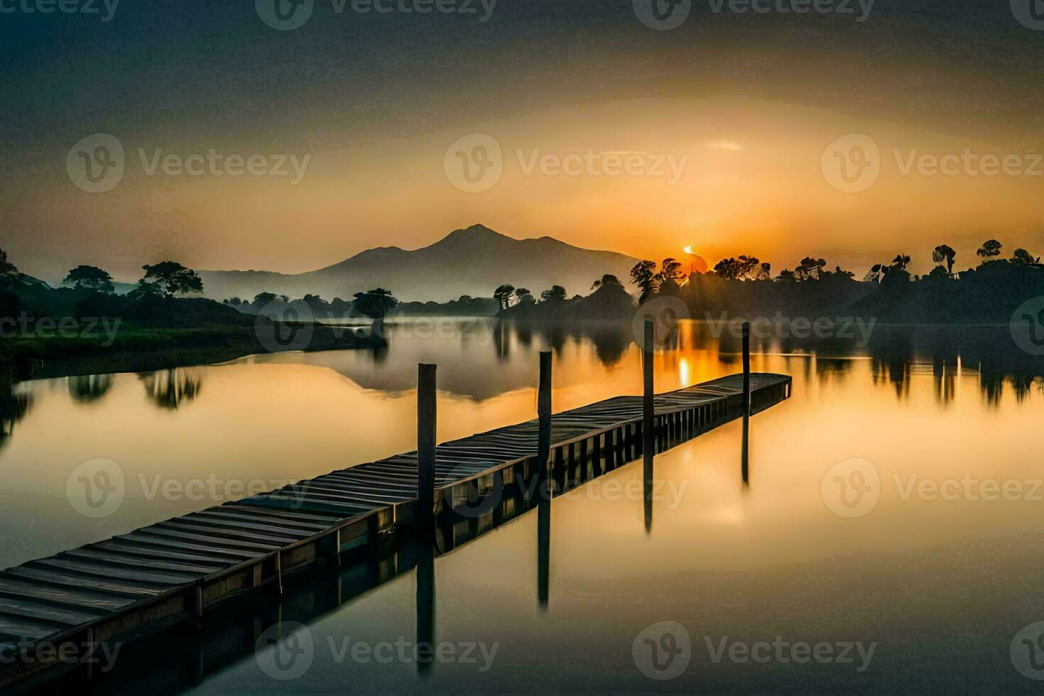 a wooden dock in the middle of a lake at sunset. AI-Generated photo