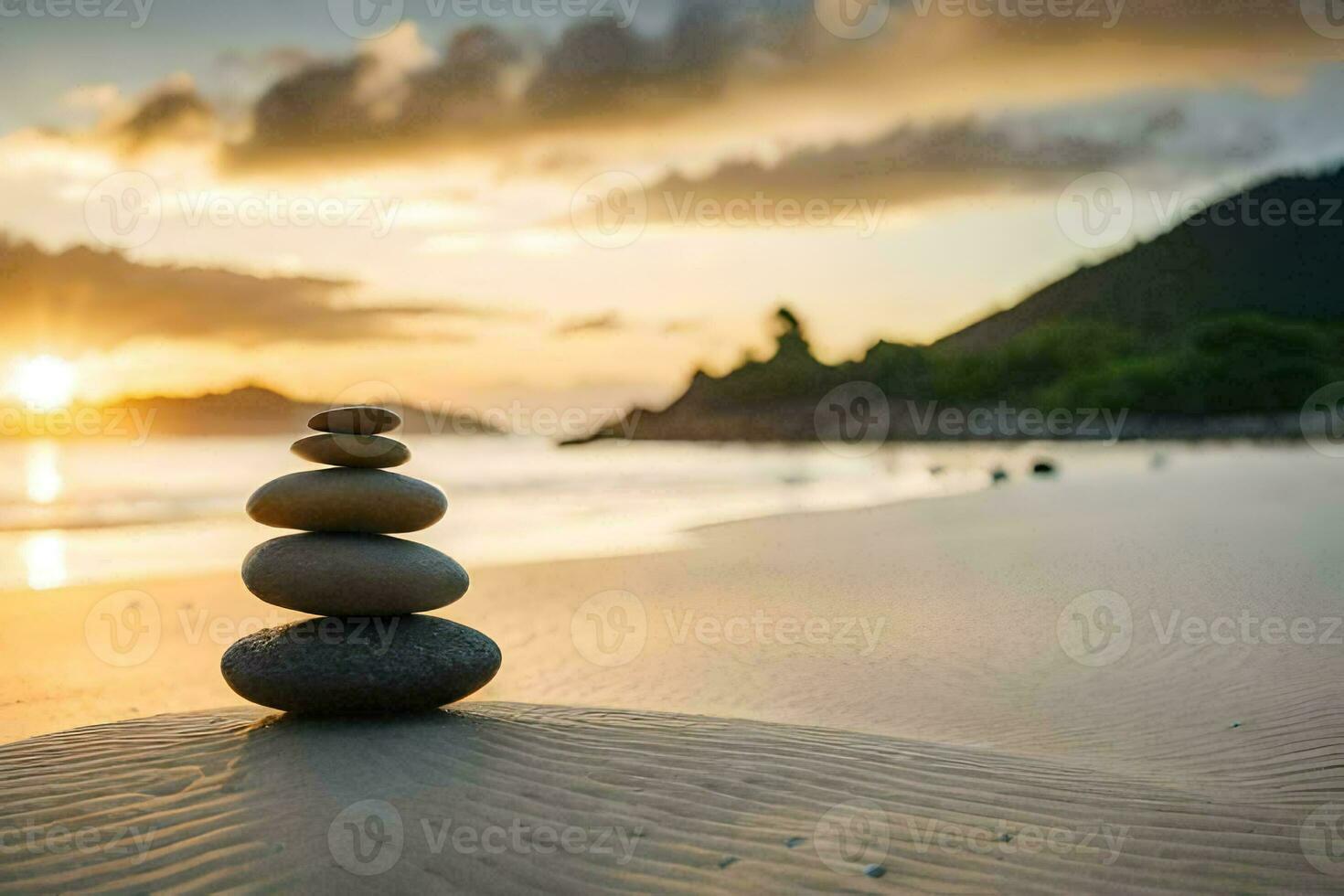 a stack of stones on the beach at sunset. AI-Generated photo