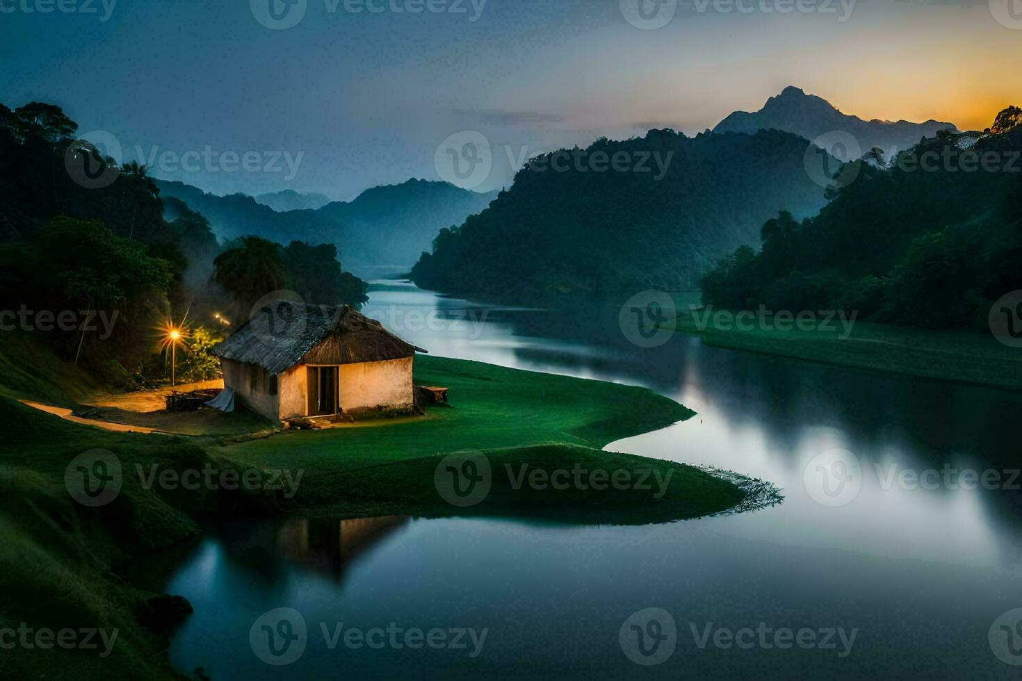 the house on the river. AI-Generated photo