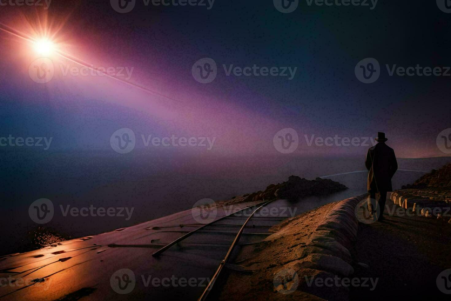 a man stands on a cliff overlooking the ocean at night. AI-Generated photo