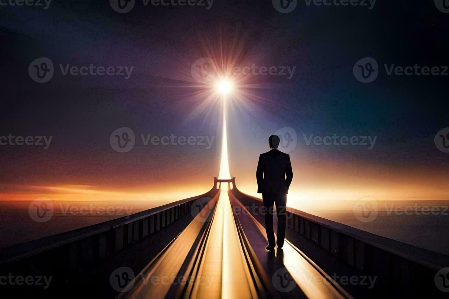 a man in a suit stands on a bridge looking at the sun. AI-Generated photo