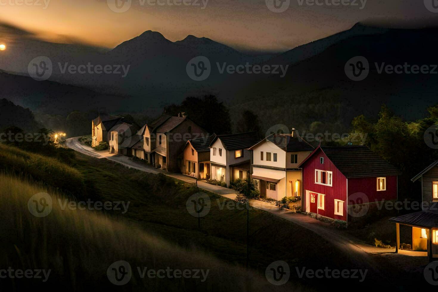 a village at dusk with a mountain in the background. AI-Generated photo