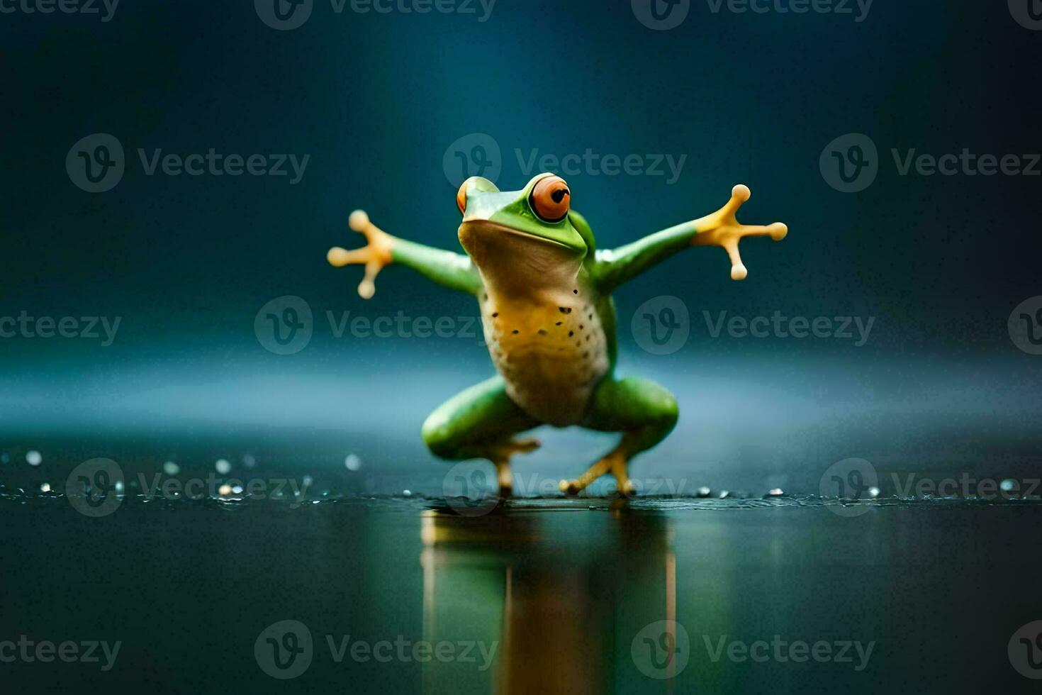 a frog is standing on its hind legs with its arms outstretched. AI-Generated photo