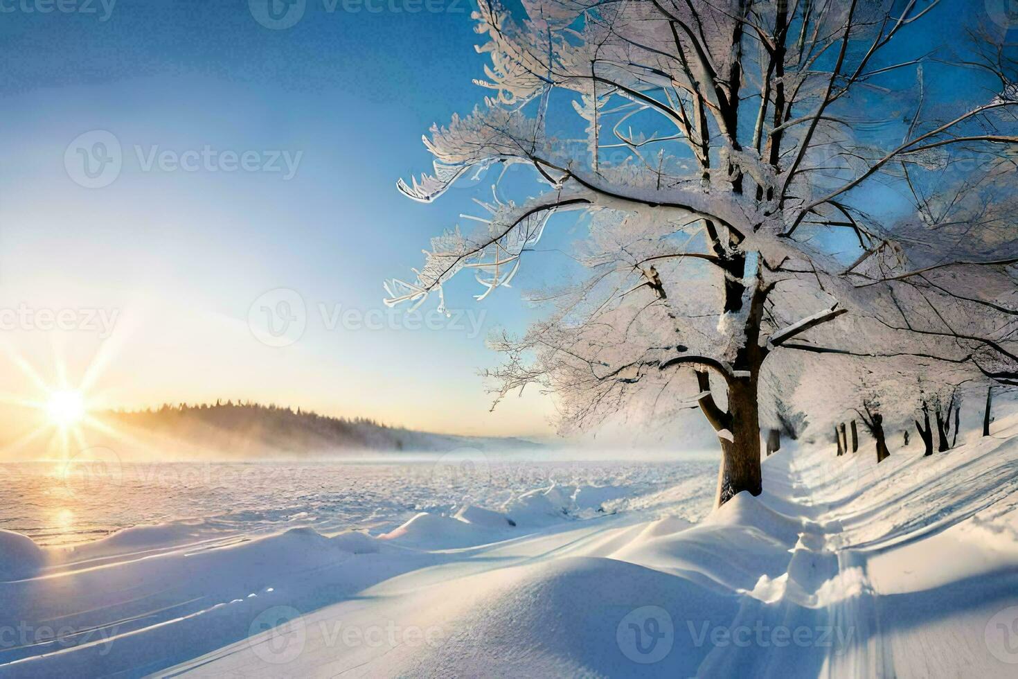 a snowy landscape with trees and the sun. AI-Generated photo