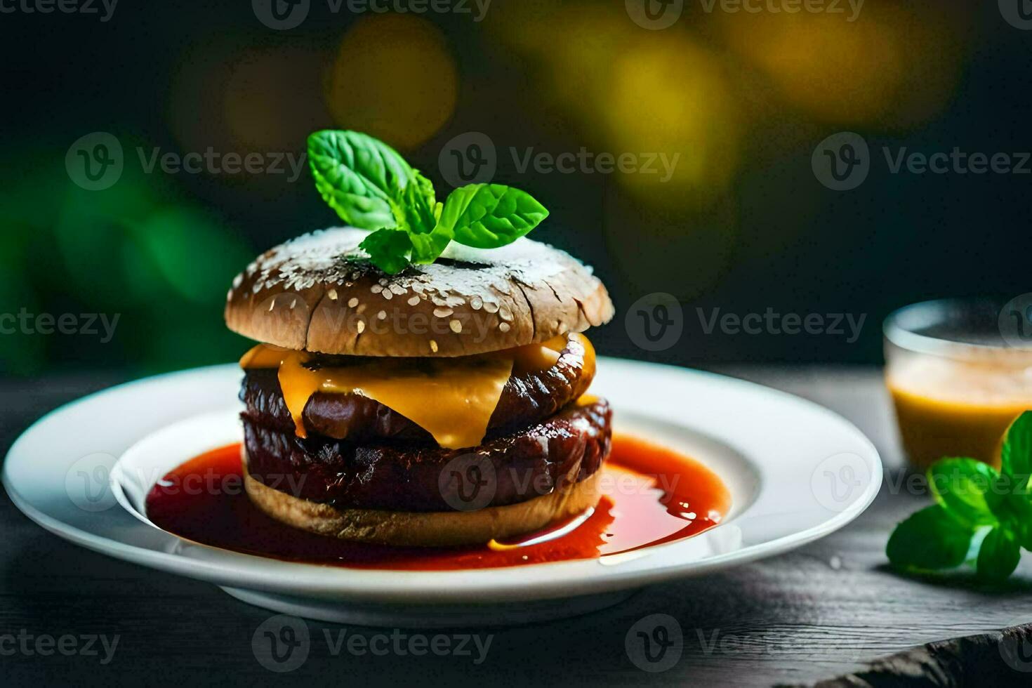 a hamburger with cheese and sauce on a plate. AI-Generated photo