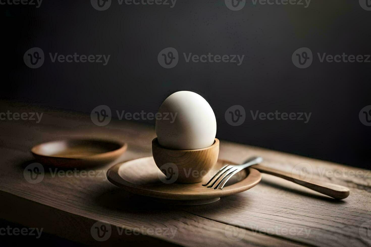 an egg on a wooden plate with fork and knife. AI-Generated photo