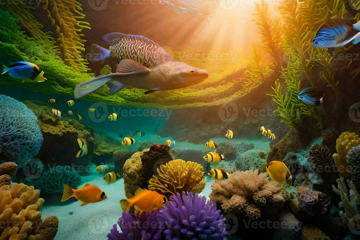 submarino escena con tropical pescado y coral arrecife. generado por ai foto