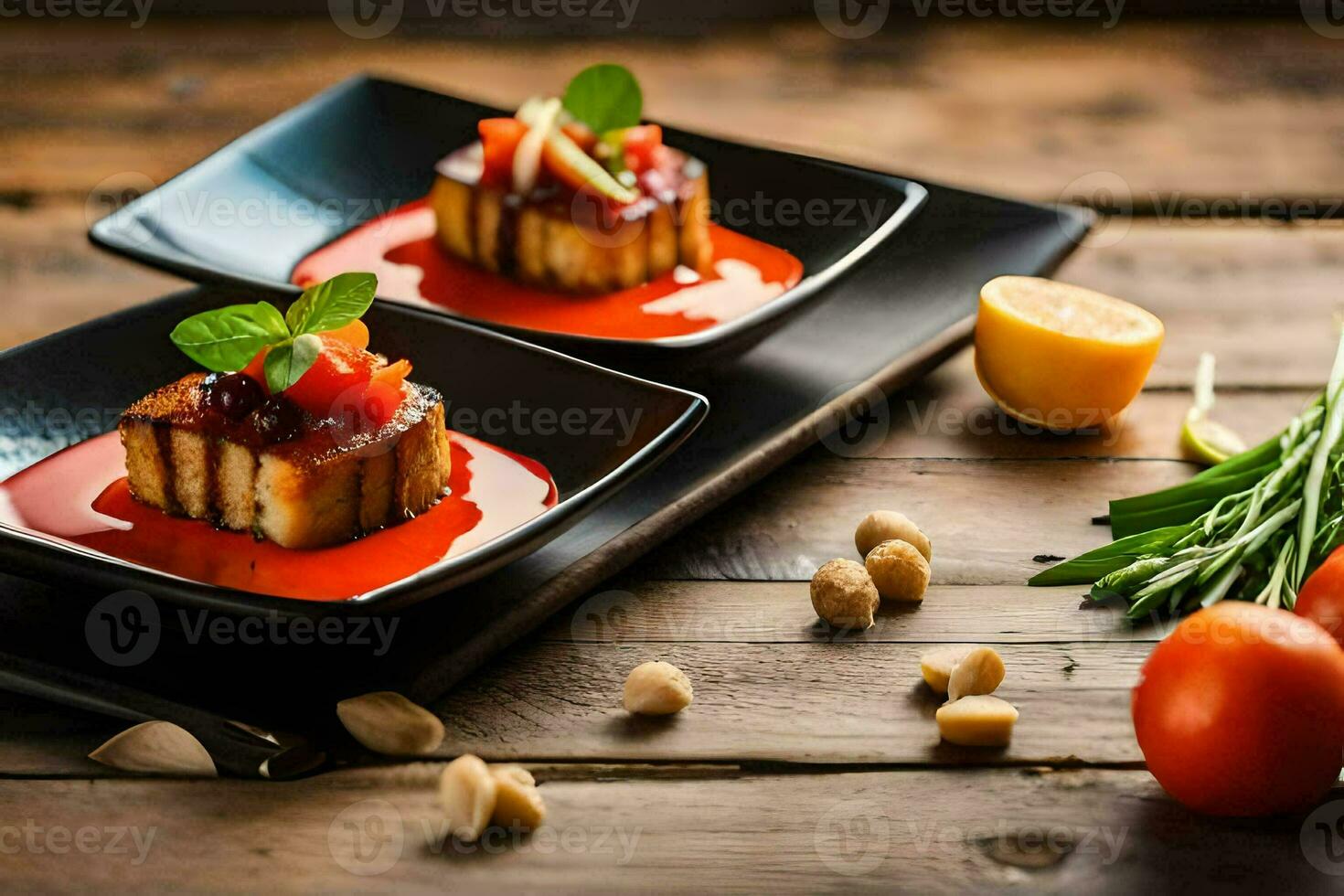 two small black dishes with tomato sauce and basil. AI-Generated photo