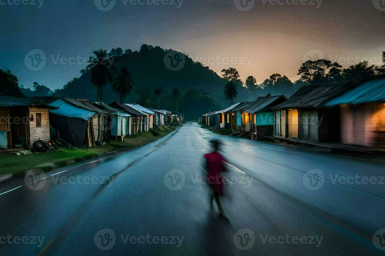 a young girl walks down a wet road in the rain. AI-Generated photo