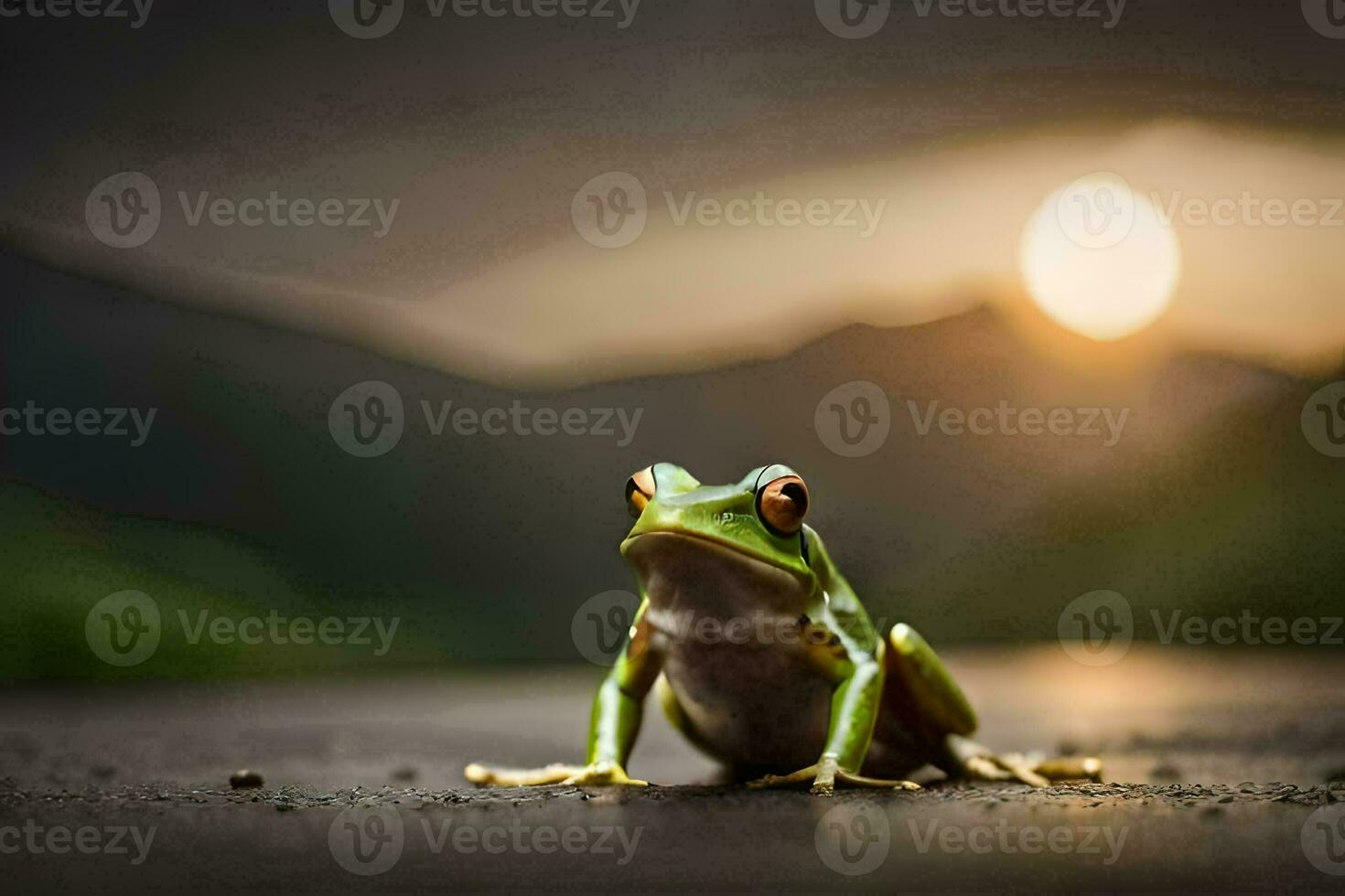 a frog sitting on the ground in front of a sunset. AI-Generated photo