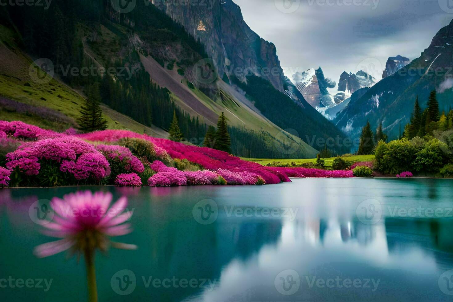 a lake surrounded by pink flowers and mountains. AI-Generated photo