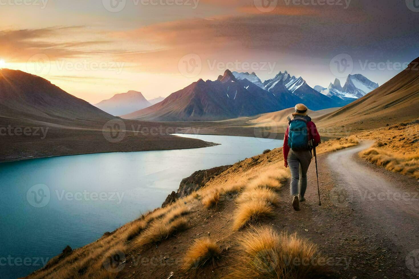 un mujer camina a lo largo un camino en el montañas. generado por ai foto