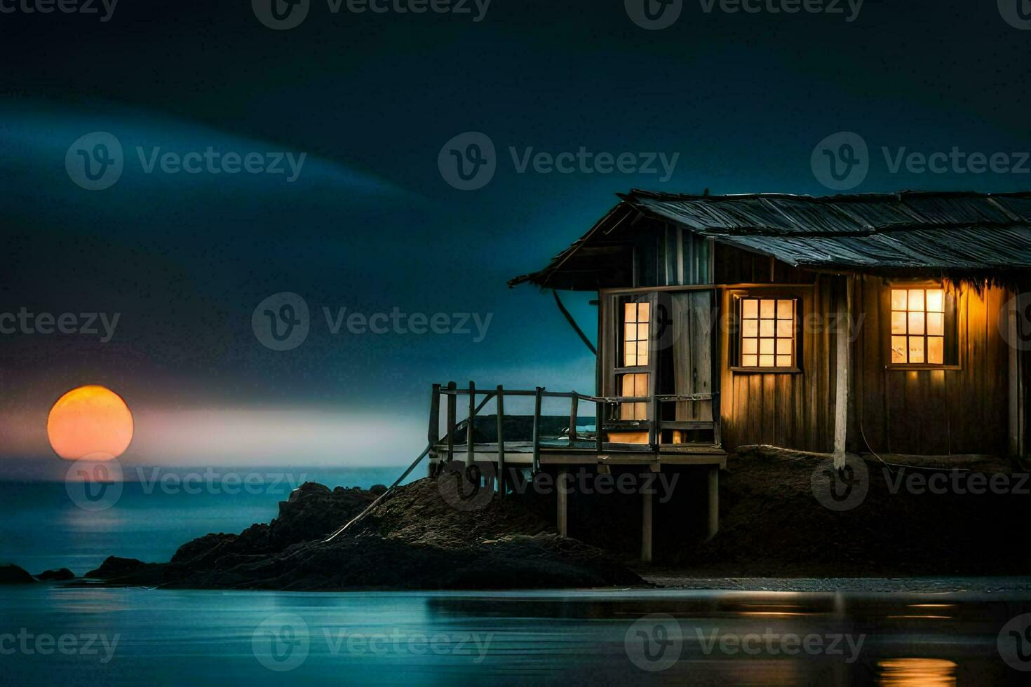 a small wooden house sits on the shore of the ocean. AI-Generated photo