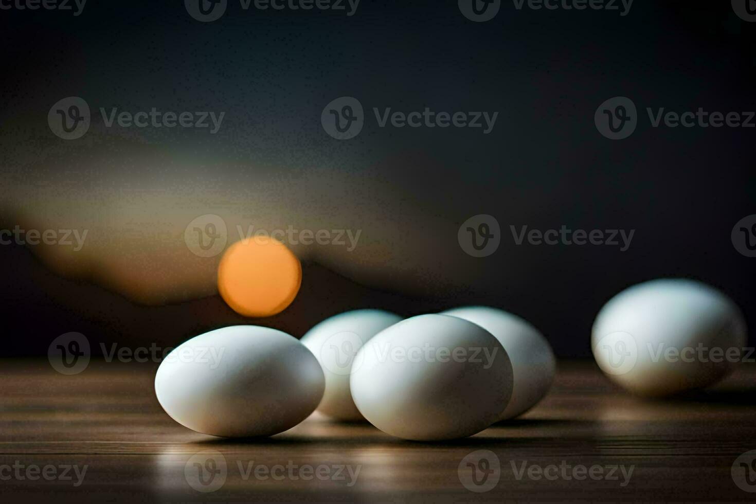 blanco huevos en un mesa con un ligero en el antecedentes. generado por ai foto