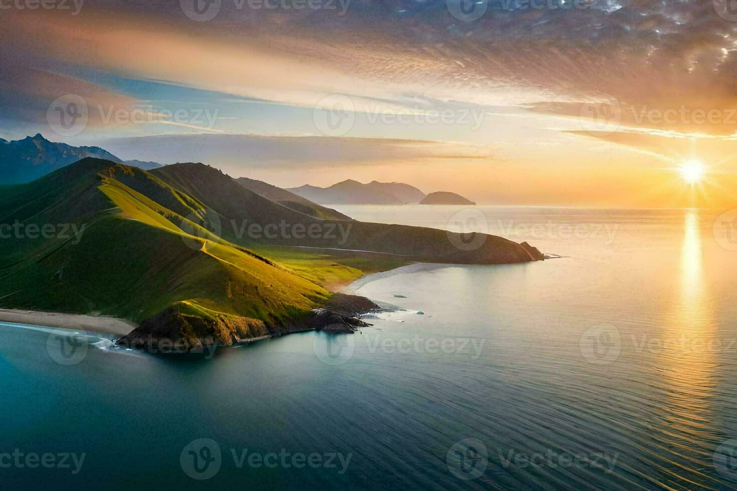 the sun sets over a beautiful island in the middle of the ocean. AI-Generated photo