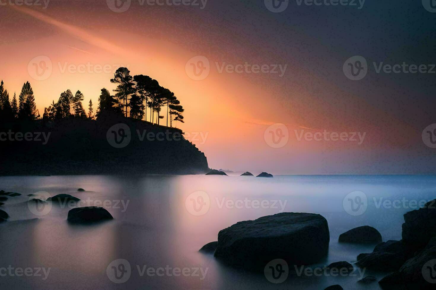 a beautiful sunset over the ocean with rocks and trees. AI-Generated photo