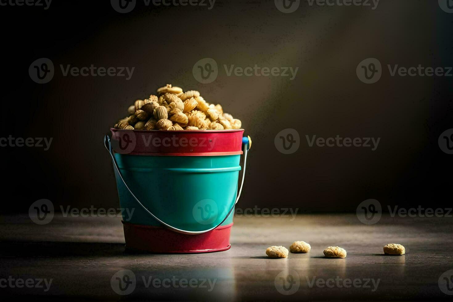 a bucket filled with peanuts on a table. AI-Generated photo