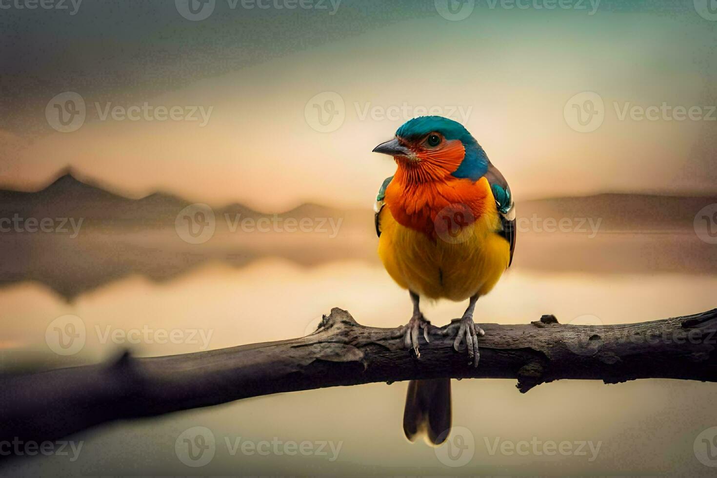 a colorful bird sits on a branch near a lake. AI-Generated photo