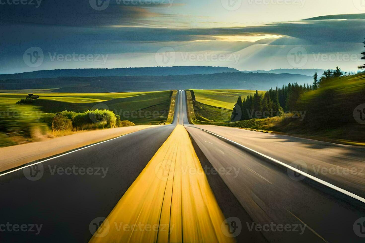 a long road with a yellow line in the middle. AI-Generated photo