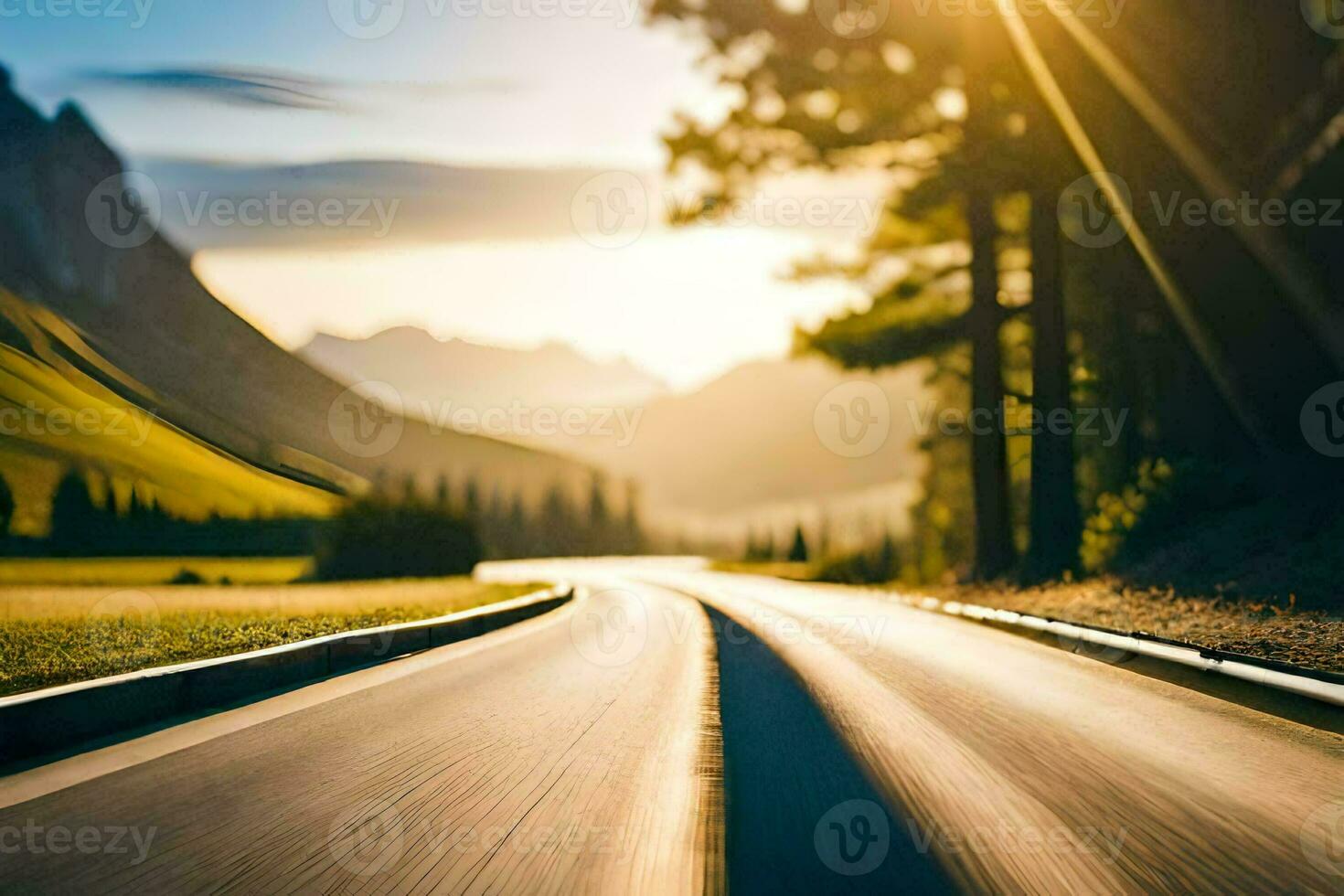 a road in the mountains with the sun shining. AI-Generated photo